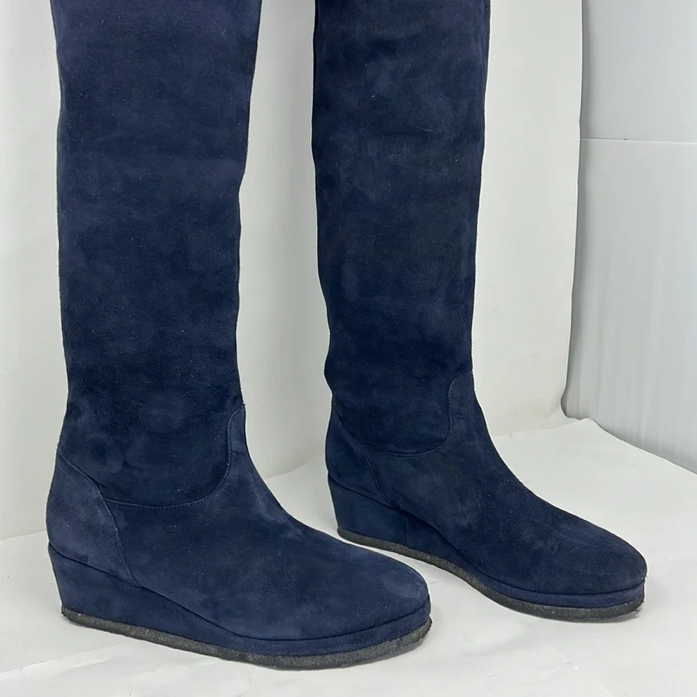 Michele Negri Sz 8.5 Blue Suede Low Wedge Whipstitch Trim Knee Boots